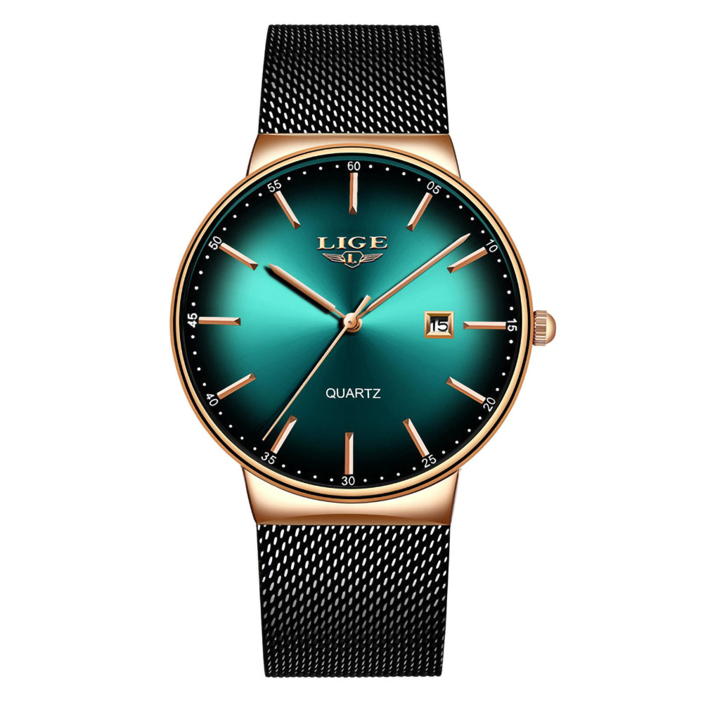 Goldfarbene Uhr mit grünem Zifferblatt und schwarzem Mesh-Armband. LIGE-Logo sichtbar.