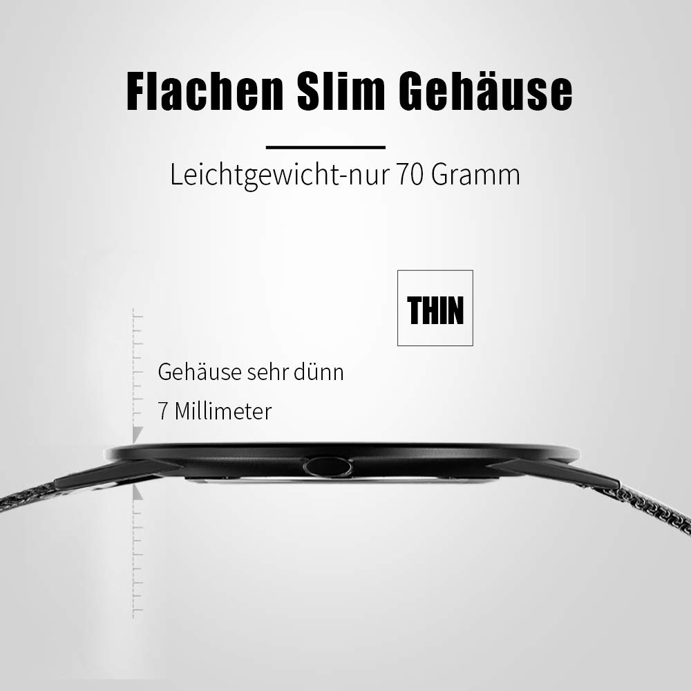 Uhr, Seitenansicht. Text: Flachen Slim Gehäuse, 7 Millimeter.