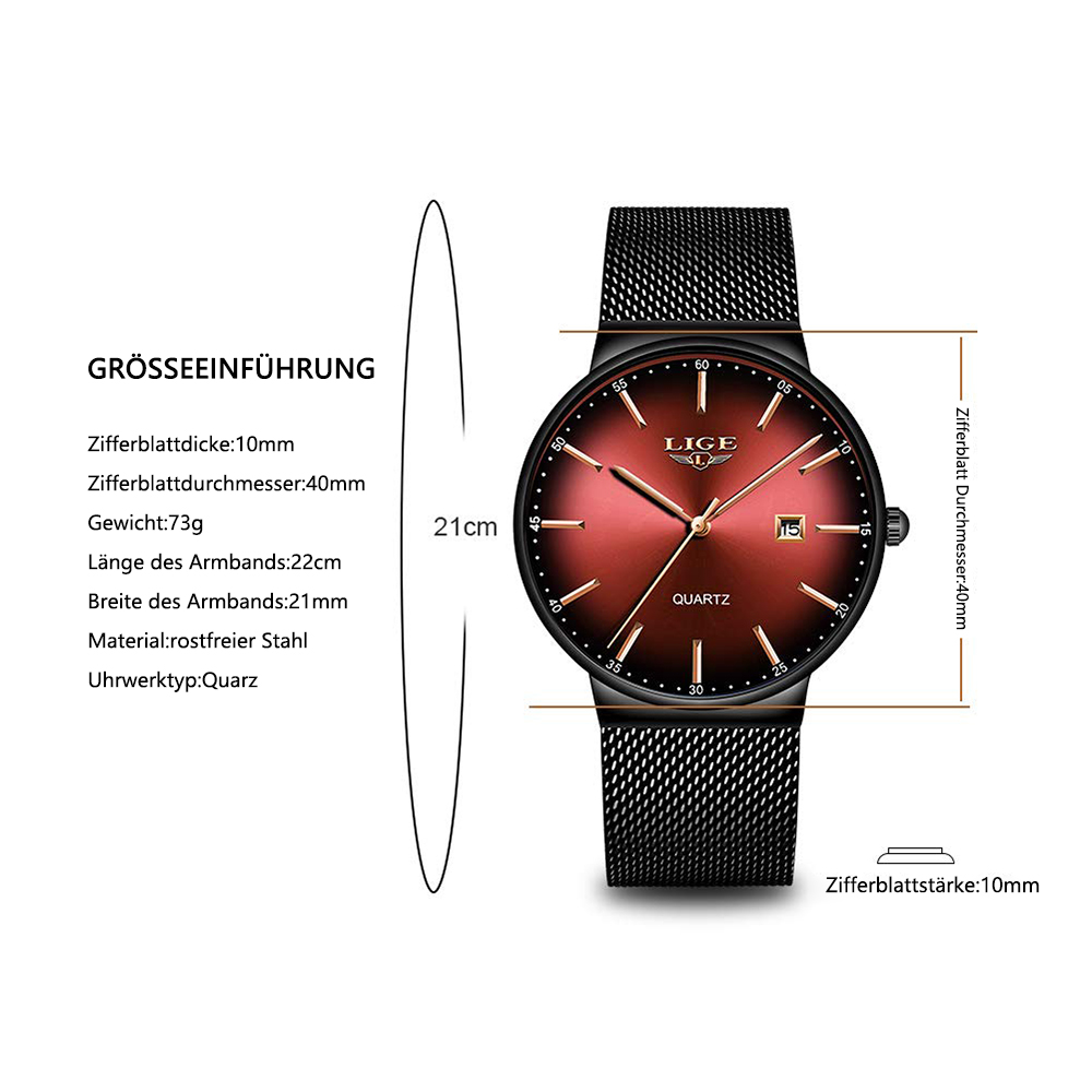 Eine LIGE Quarzuhr mit rotem Zifferblatt und schwarzem Armband. Abmessungen werden angezeigt.