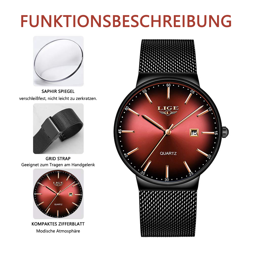 Schwarze Uhr mit rotem Zifferblatt, Stahlband und Nahaufnahme von Uhrteilen. Weißer Hintergrund.