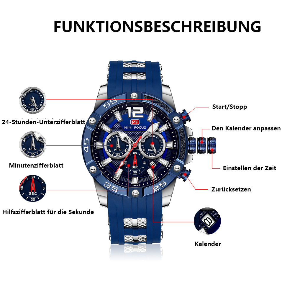 Blaue und silberne Uhr mit vielen Knöpfen. Details der Uhrenfunktionen und Beschriftungen werden gezeigt.