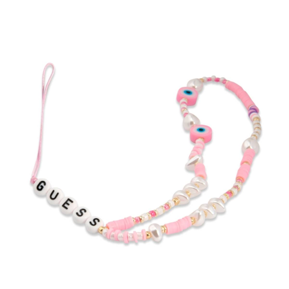 Un cinturino per telefono con perline rosa e bianche con lettere 'GUESS'. Sfondo bianco.