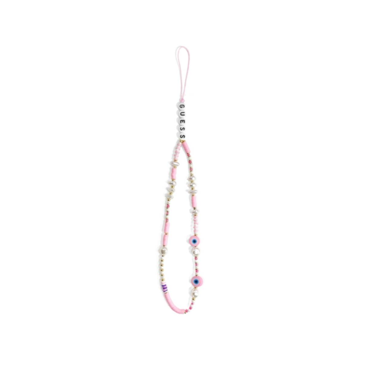 Charm per telefono con perline rosa e argento con la scritta 'GUESS' e ciondoli a forma di occhio.