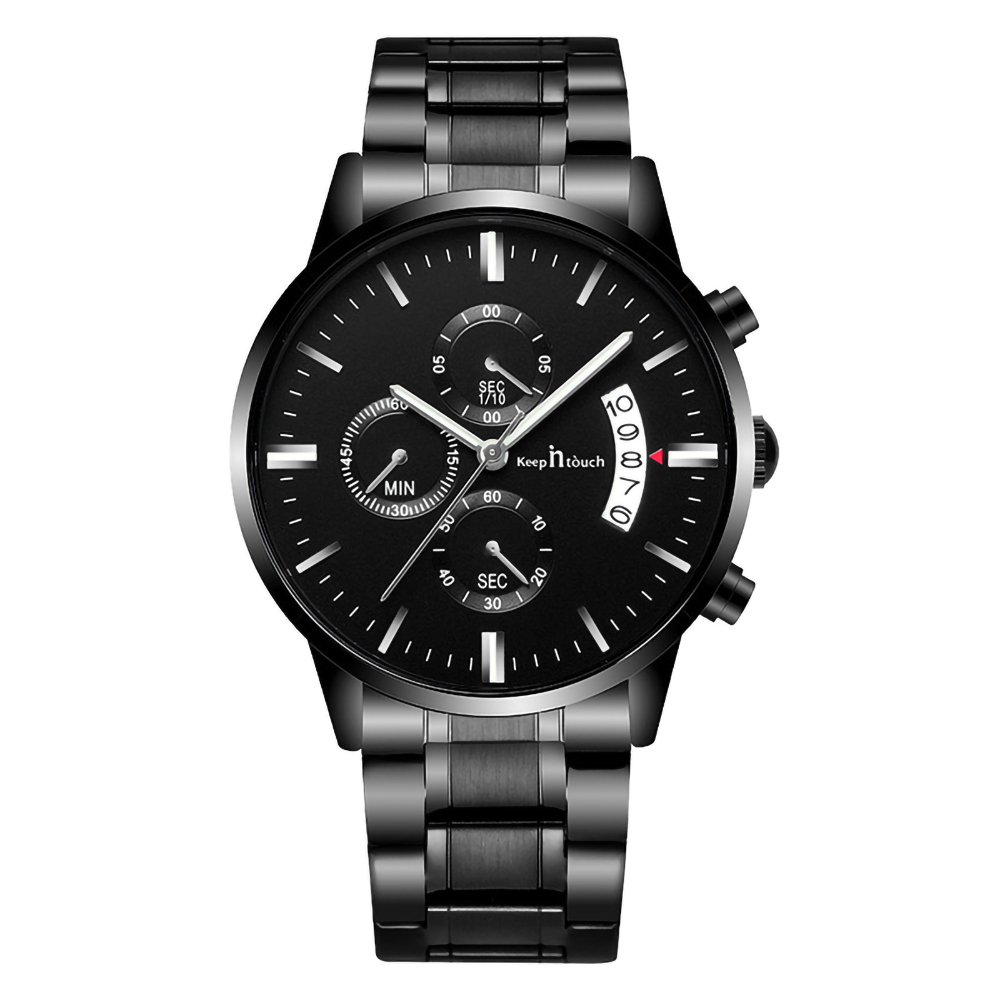 Schwarze Armbanduhr mit schwarzem Armband. Das Zifferblatt hat mehrere Zifferblätter und weiße Markierungen. Keep n touch ist geschrieben.