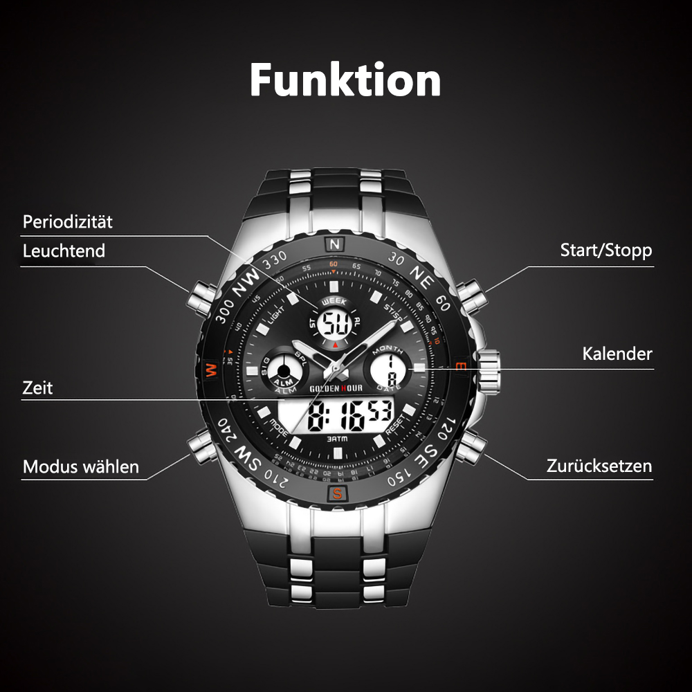 Eine schwarz-silberne Uhr mit Digitalanzeige und verschiedenen beschrifteten Funktionen um das Zifferblatt.