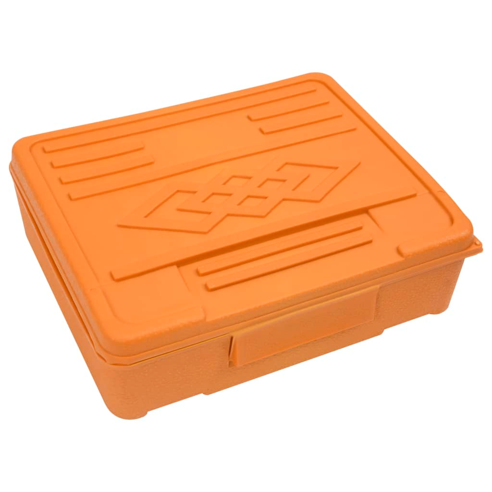Ein orangefarbener Kunststoff-Aufbewahrungsbehälter mit Deckel.