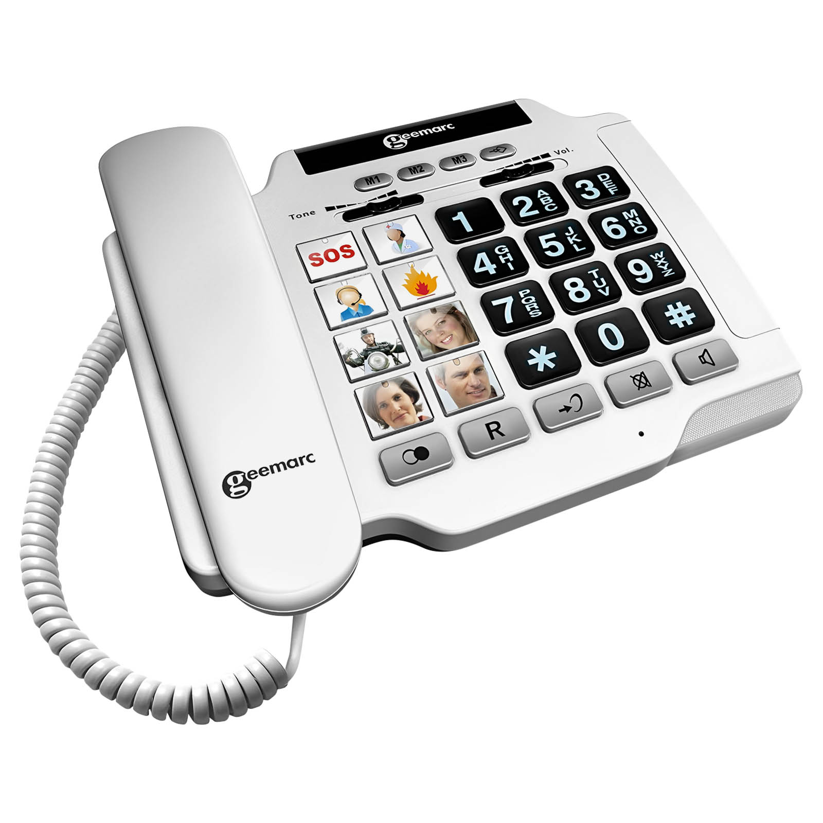 Weißes Festnetztelefon mit großen Tasten. Verfügt über Bildwahltasten und eine SOS-Taste.