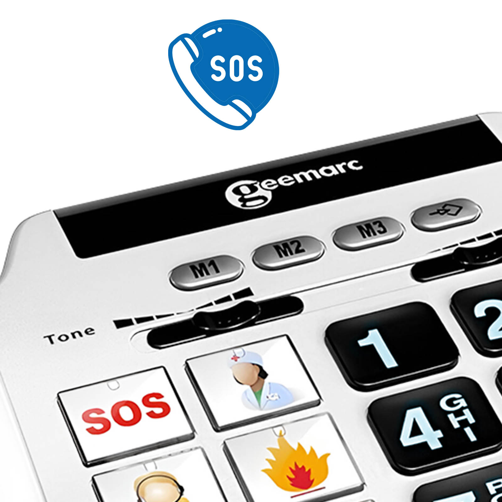 Weißes Telefon mit SOS-Taste, Notfall-Symbol. Große Tasten für einfaches Wählen.