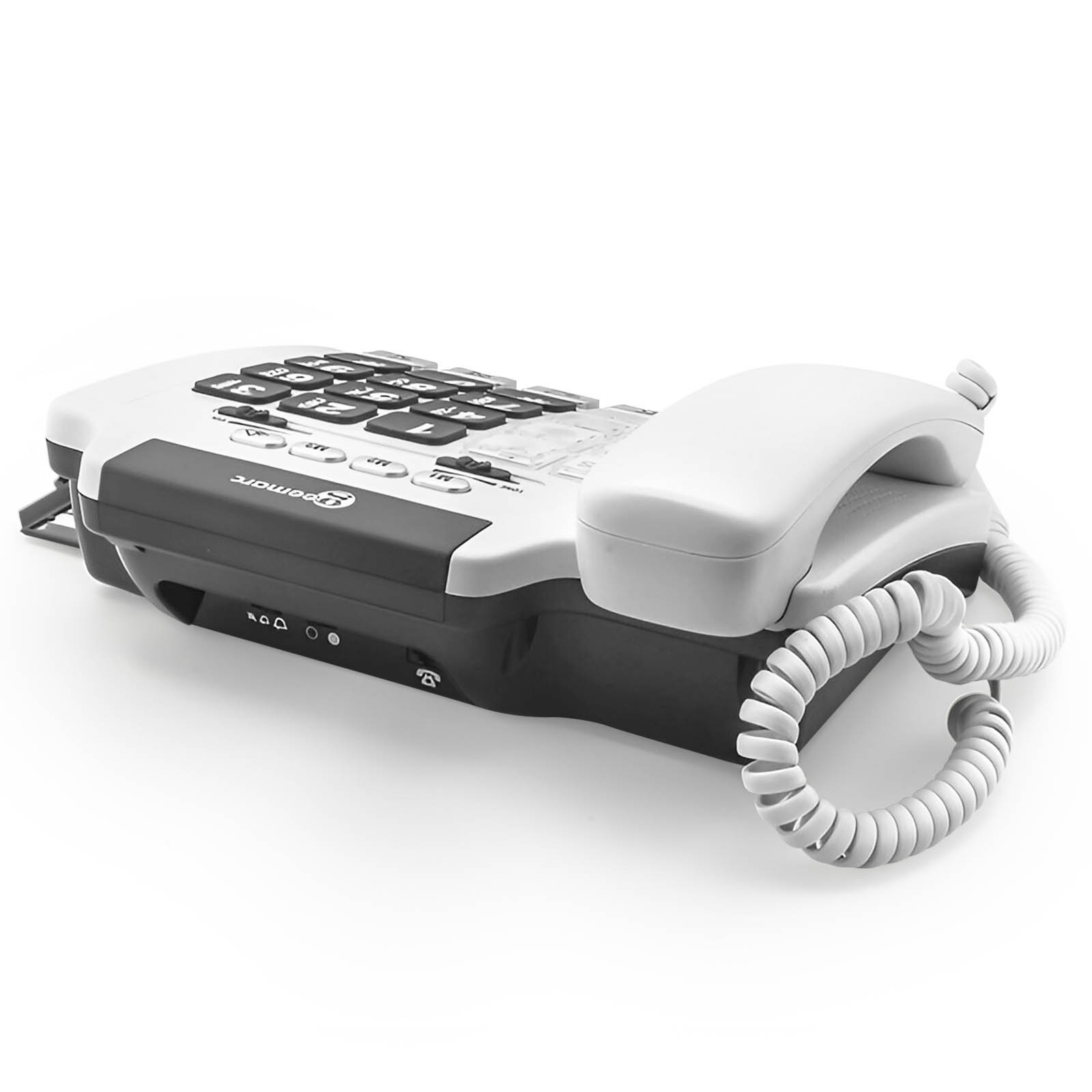 Ein weißes und graues Festnetztelefon mit Spiralkabel auf weißem Hintergrund.