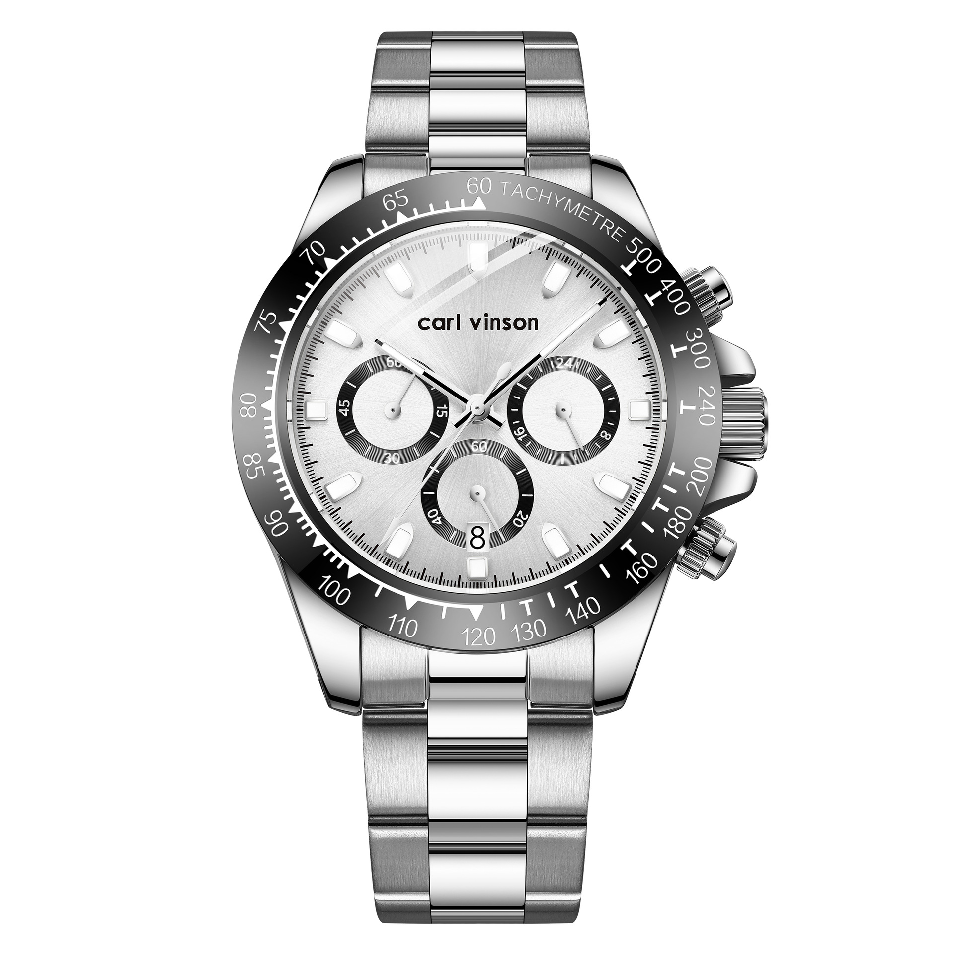 Eine silberne Carl Vinson Uhr mit schwarzer Lünette und weißem Zifferblatt wird gezeigt.
