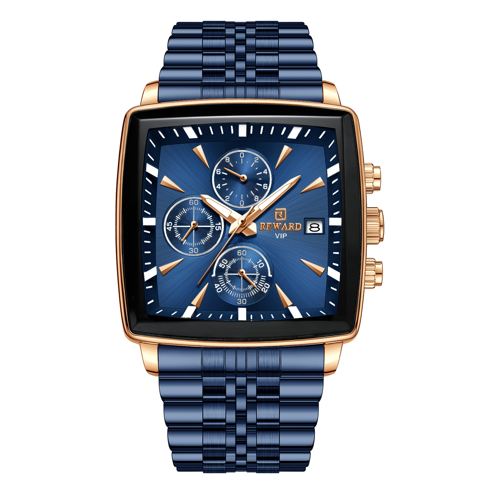 Eine blau-goldene Armbanduhr mit quadratischem Zifferblatt. Goldene Zeiger und Markierungen, blaues Band.