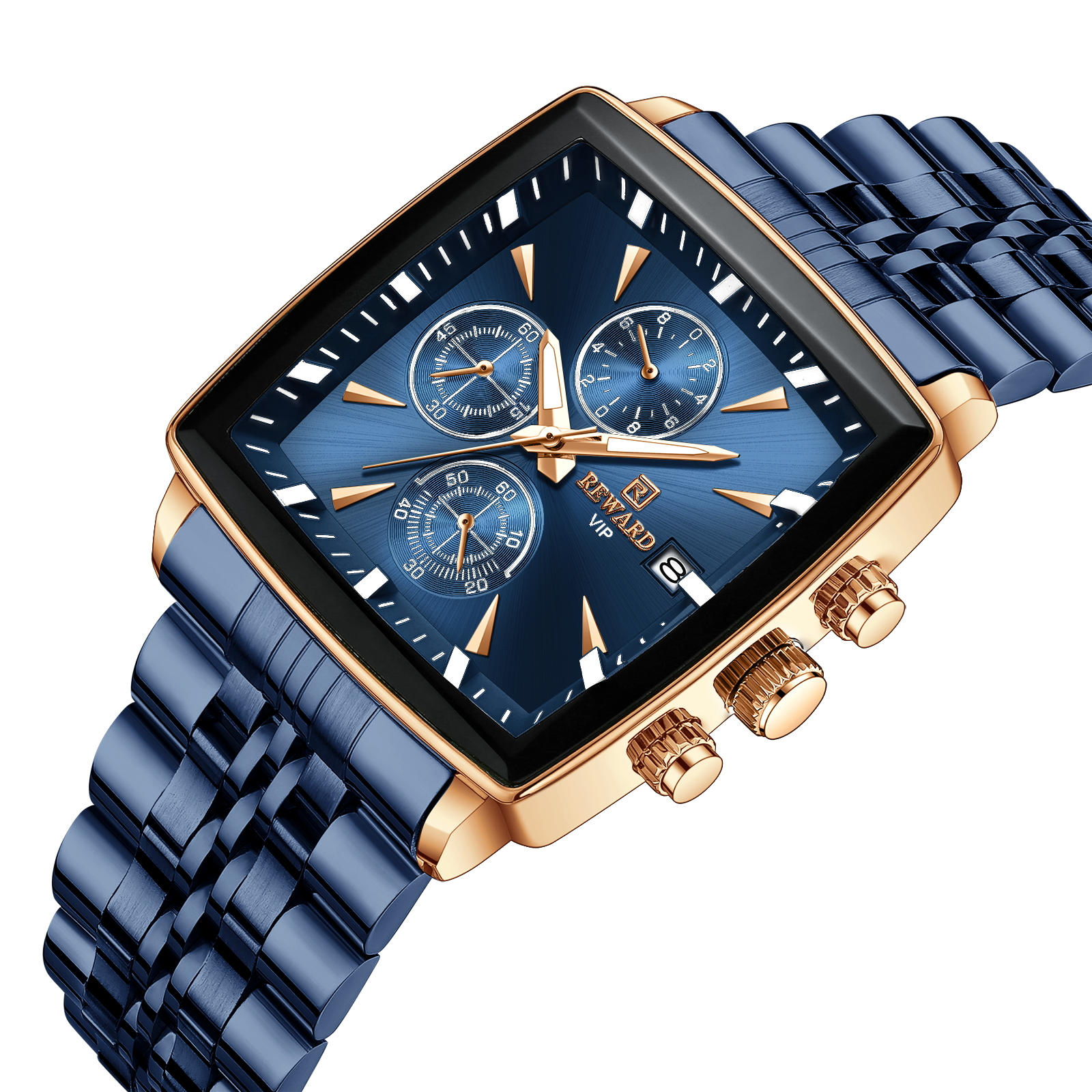 Eine blaue und goldene Armbanduhr mit quadratischem Zifferblatt und blauem Armband.