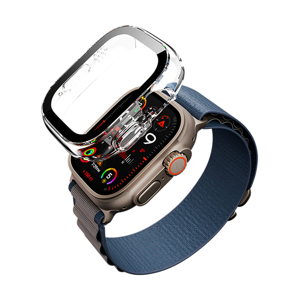 Apple Watch con cinturino blu e custodia trasparente. L'orologio mostra l'ora. Sfondo bianco.