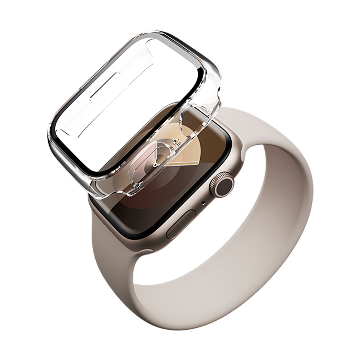 Un Apple Watch con una custodia protettiva trasparente, appoggiato su un cinturino beige.