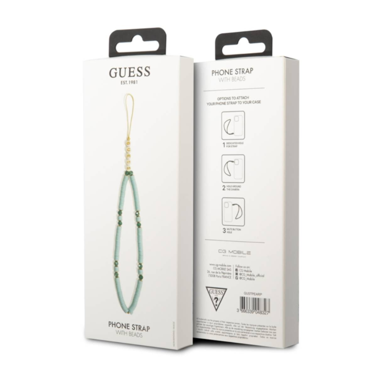 Weiße und helle Schachtel mit Handystrap mit Perlen von Guess, mit Diagrammen auf der Rückseite.