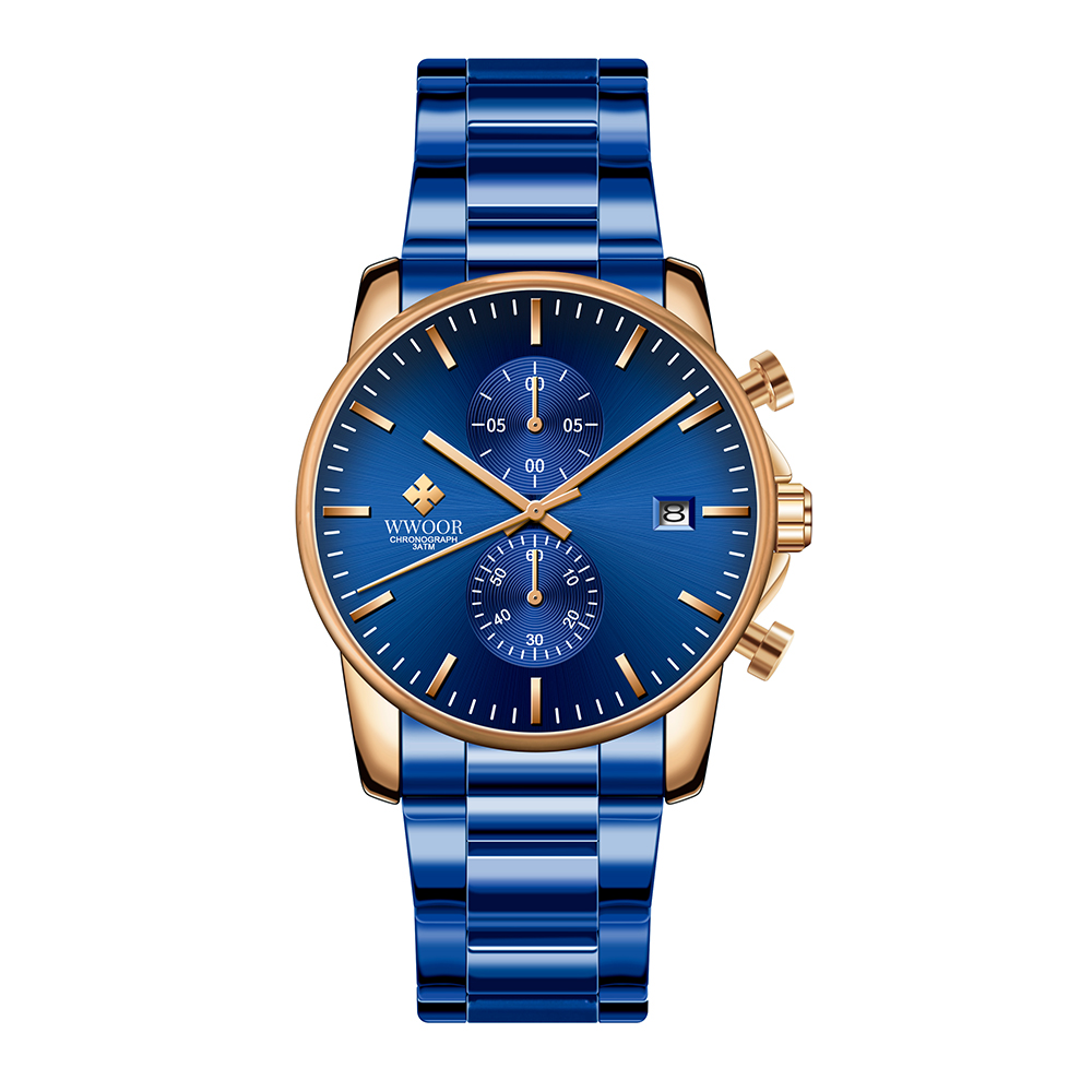 Blaue und goldene Armbanduhr mit Chronographen und blauem Metallband. Weißer Hintergrund.