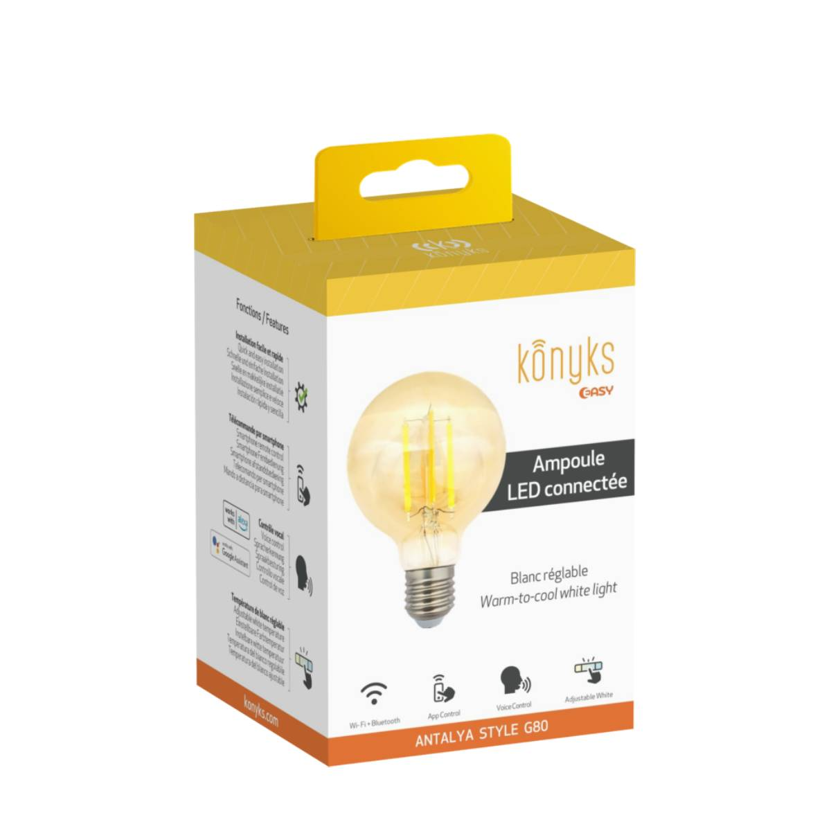 Eine verpackte Glühbirne mit Text und Logo. Die Box ist gelb und weiß. Die Birne ist sichtbar.