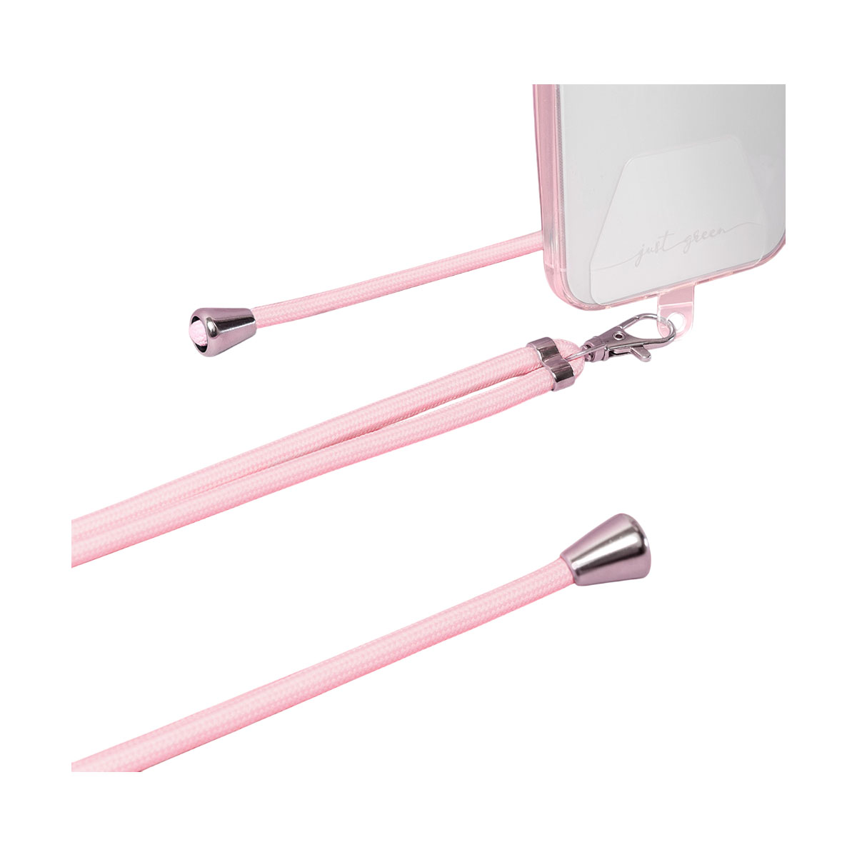 Rosa Handyhülle mit Lanyard, silberne Akzente auf weißem Hintergrund.