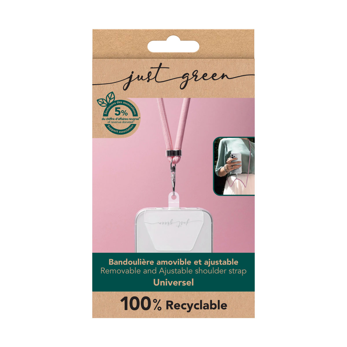 Eine Produktverpackung mit einem rosa Schlüsselband und einer Handyhülle. Auf dem Etikett steht 'just green'.