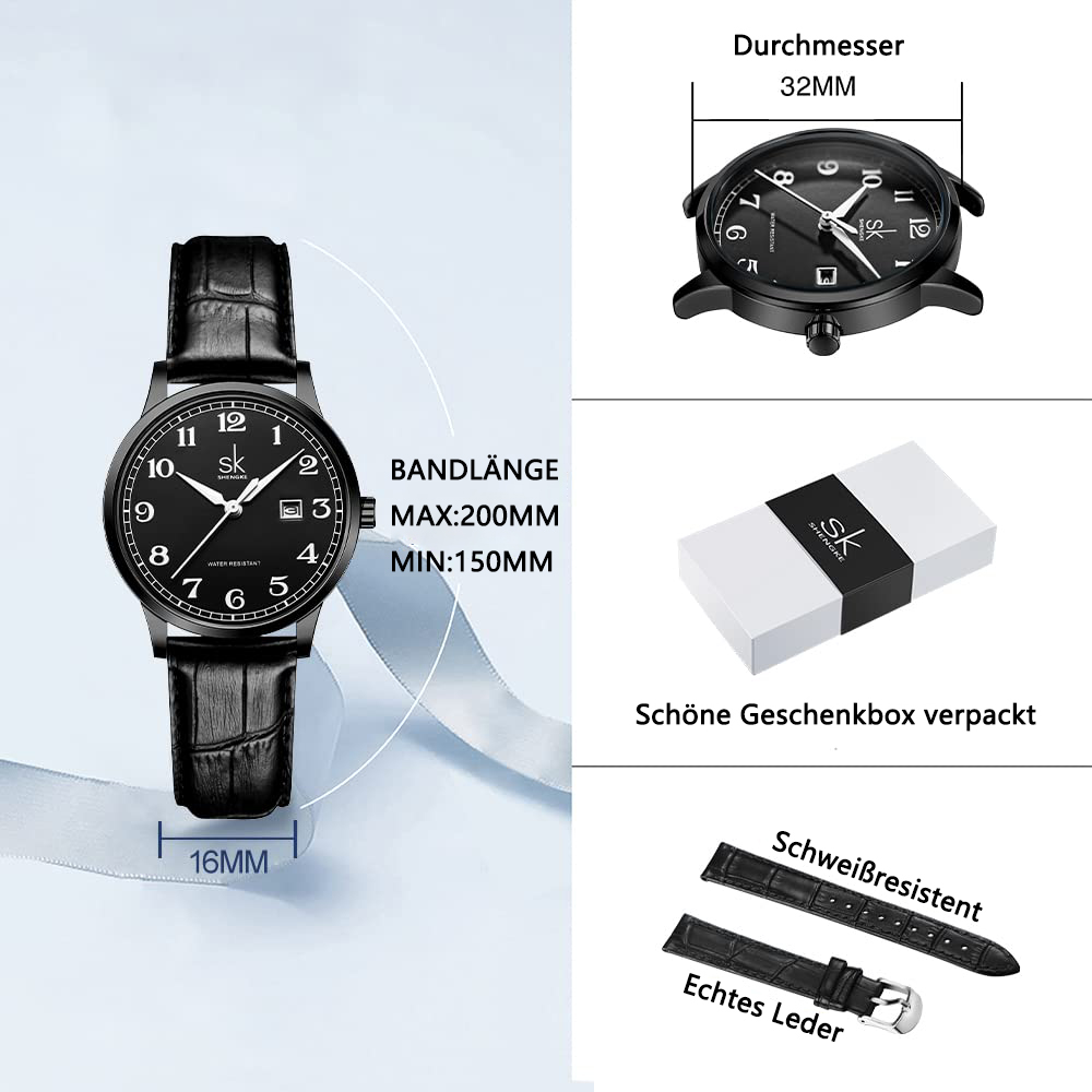 Schwarze Uhr mit schwarzem Lederarmband. Die Uhr befindet sich auf weißem Hintergrund mit Text und Diagrammen.