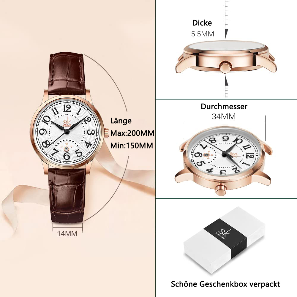 Uhr mit braunem Lederarmband. Drei Bilder zeigen Details der Uhr und ihre Abmessungen.