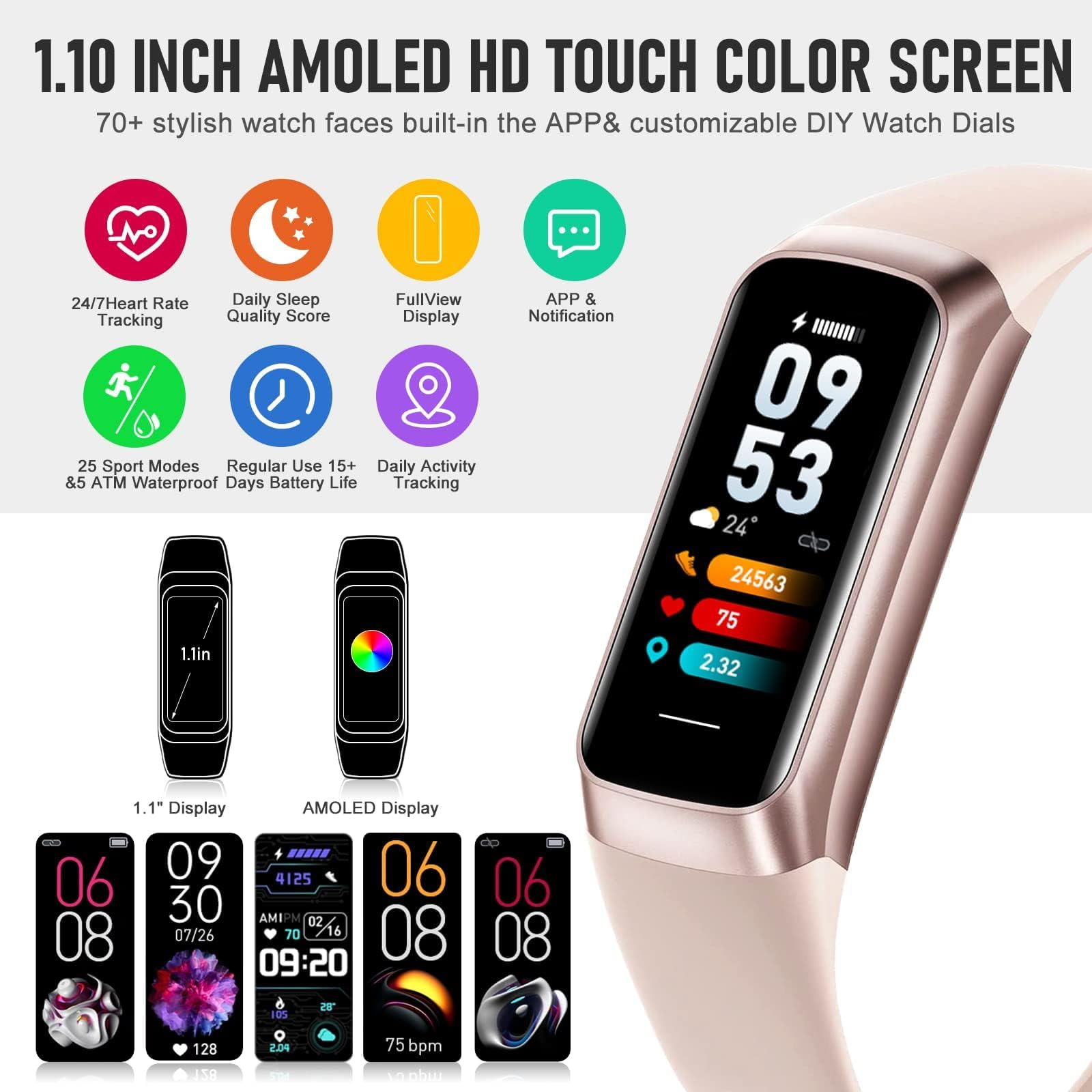 Smartwatch mit mehreren Bildschirmen, die verschiedene Daten zeigen, und einem rosa Armband.