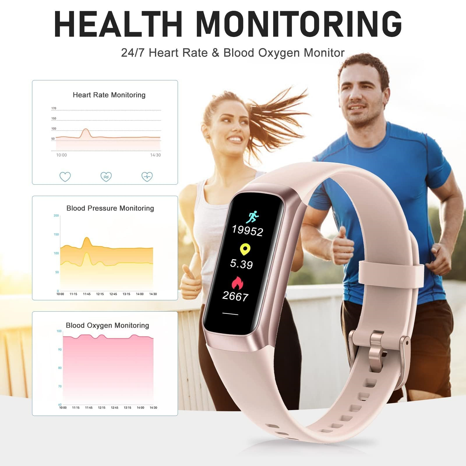 Fitnesstracker am Handgelenk, mit Herzfrequenz- und Blutsauerstoff-Diagrammen und Läufern.