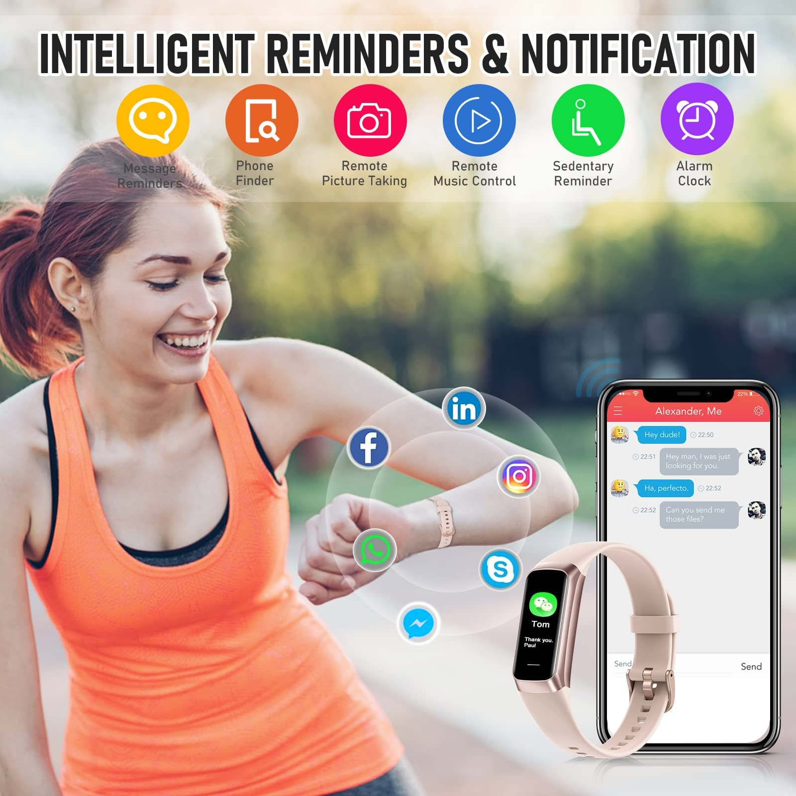 Frau mit Smartwatch und Handy, das Social-Media-Benachrichtigungen zeigt. Symbole um die Uhr herum.