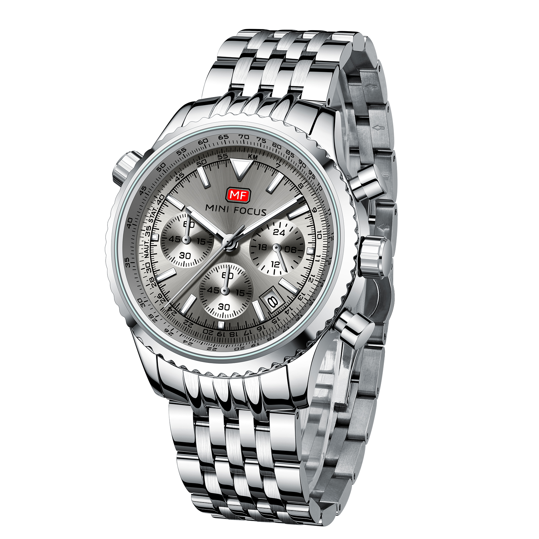 Silberne Uhr mit Edelstahlarmband, weißer Hintergrund.