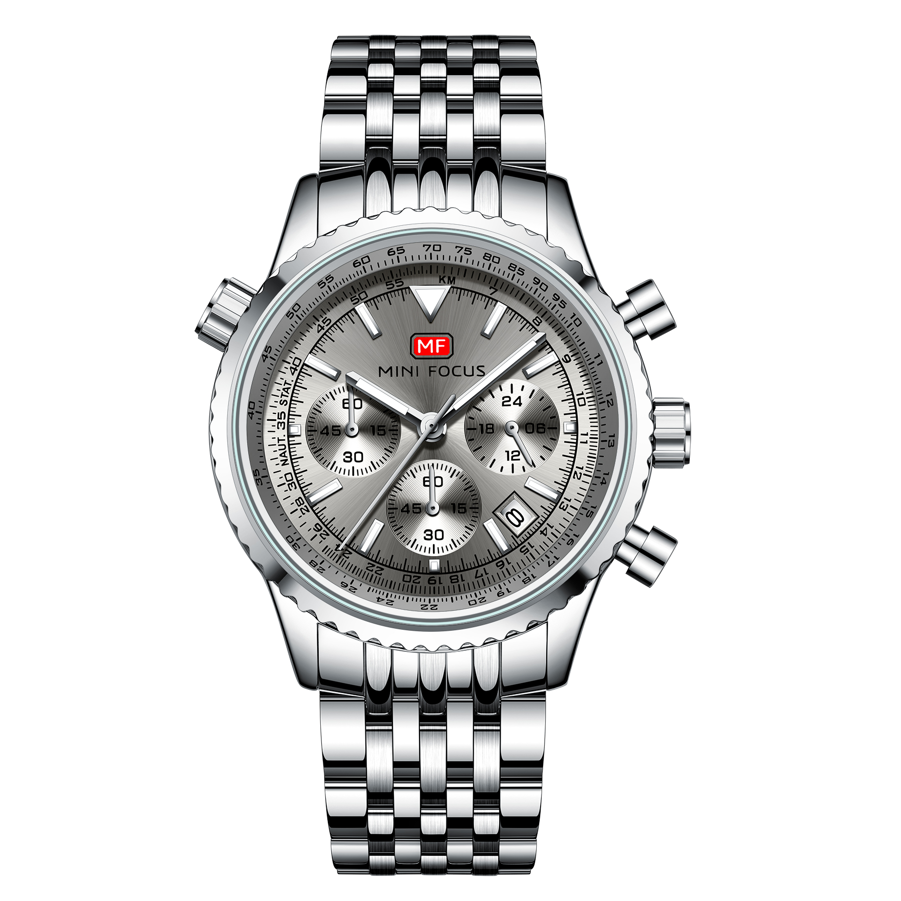 Silberne Uhr mit silbernem Armband, mit mehreren Zifferblättern und rotem Akzent.