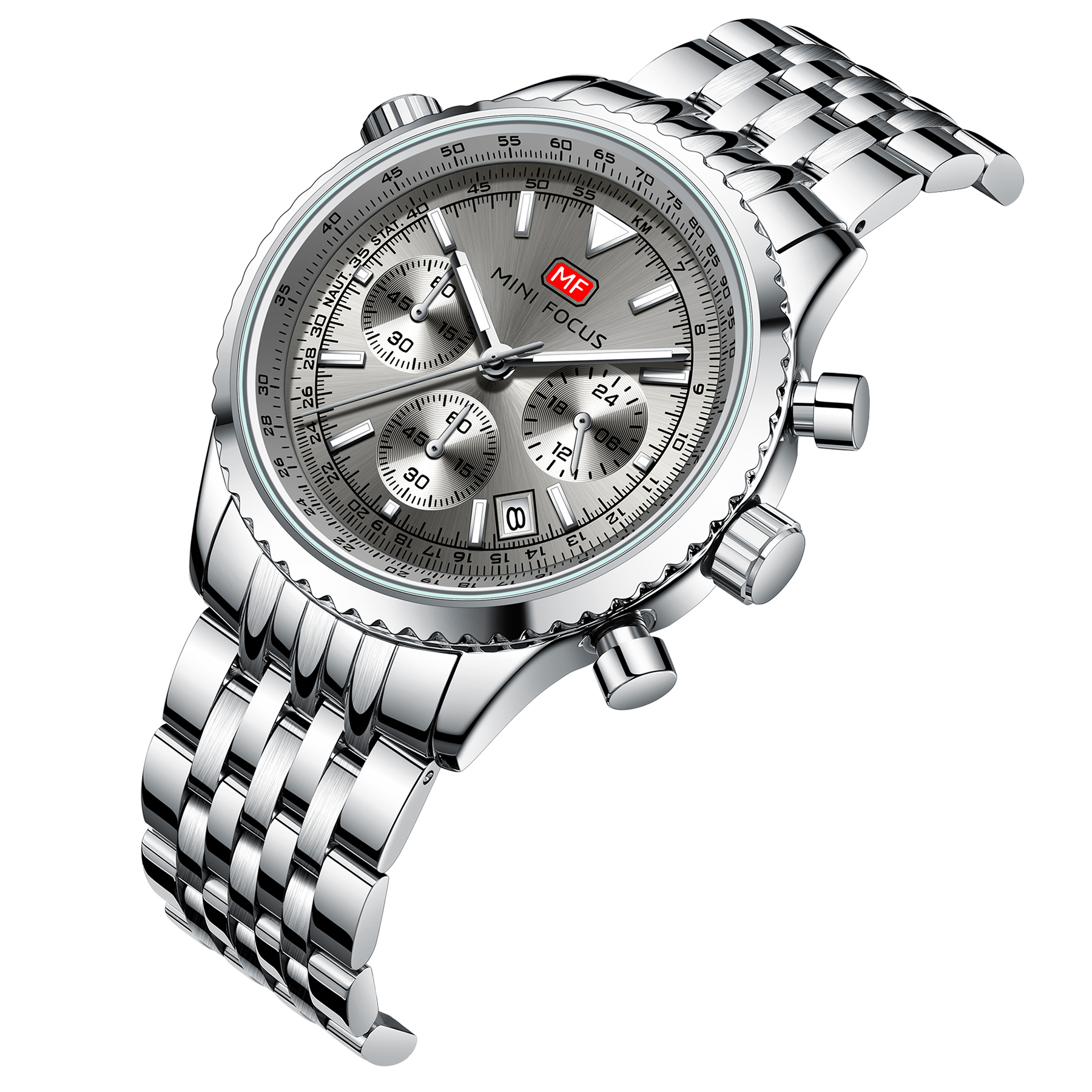 Silberne Mini Focus Uhr mit silbernem Armband. Hat drei Zifferblätter und ein Datumsfenster. Weißer Hintergrund.