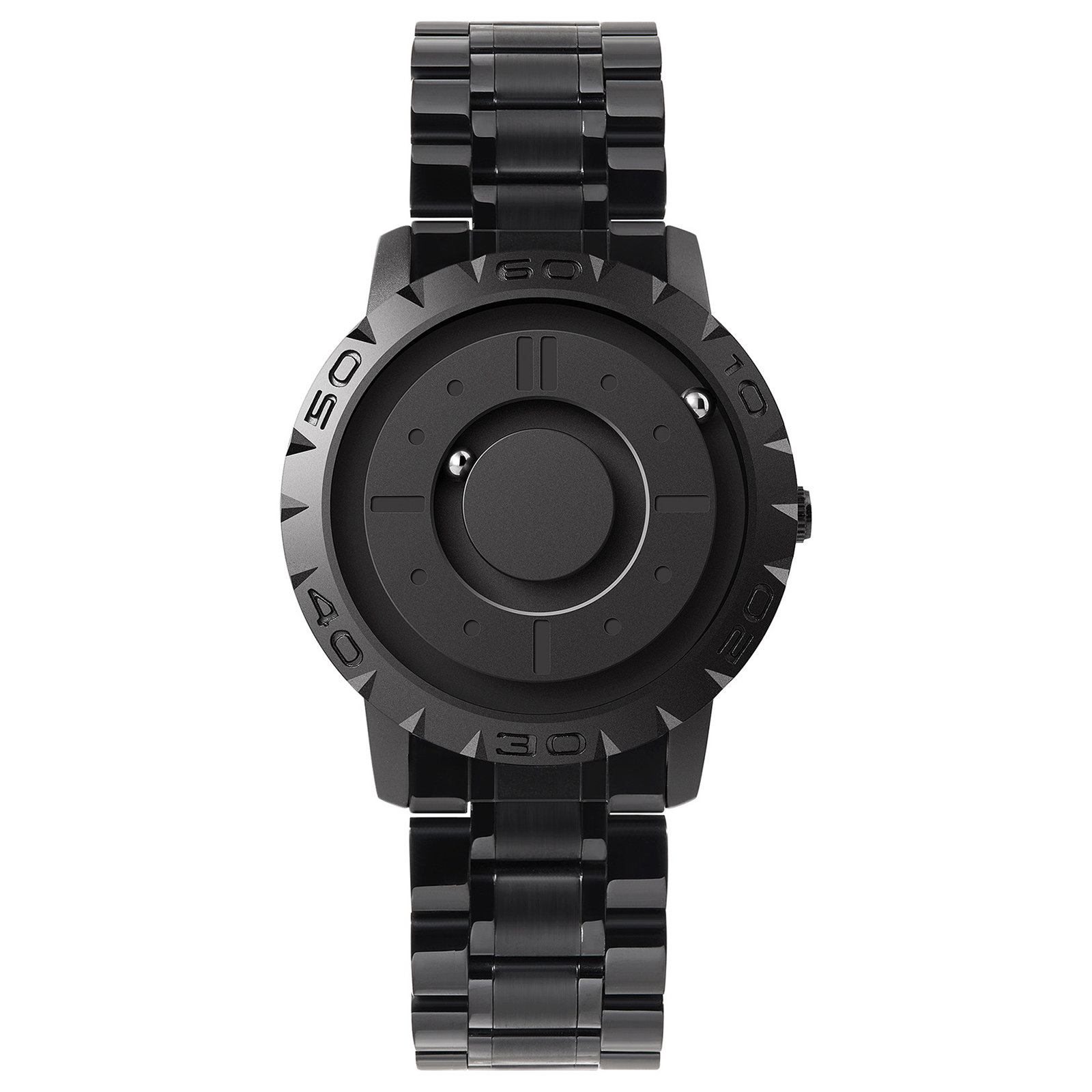Eine schwarze Armbanduhr mit schwarzem Zifferblatt und Armband. Schlichtes, modernes Design.