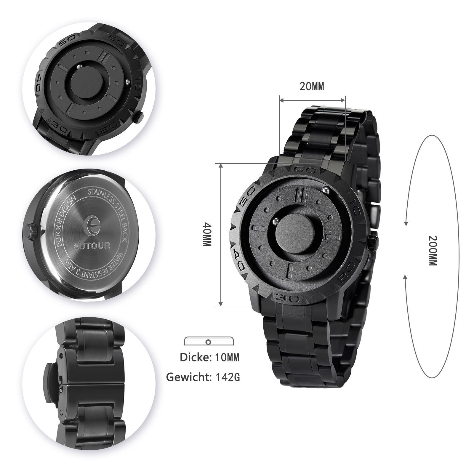Schwarze Uhr mit mehreren Ansichten. Abmessungen, Gewicht und ein Diagramm mit einem 200-mm-Bogen.