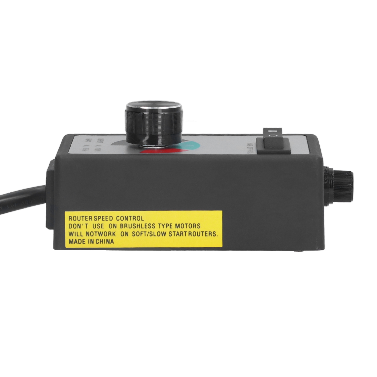 Schwarze Drehzahlregelung für Router mit Knopf und Ein/Aus-Schalter, gelber Aufkleber mit Text.