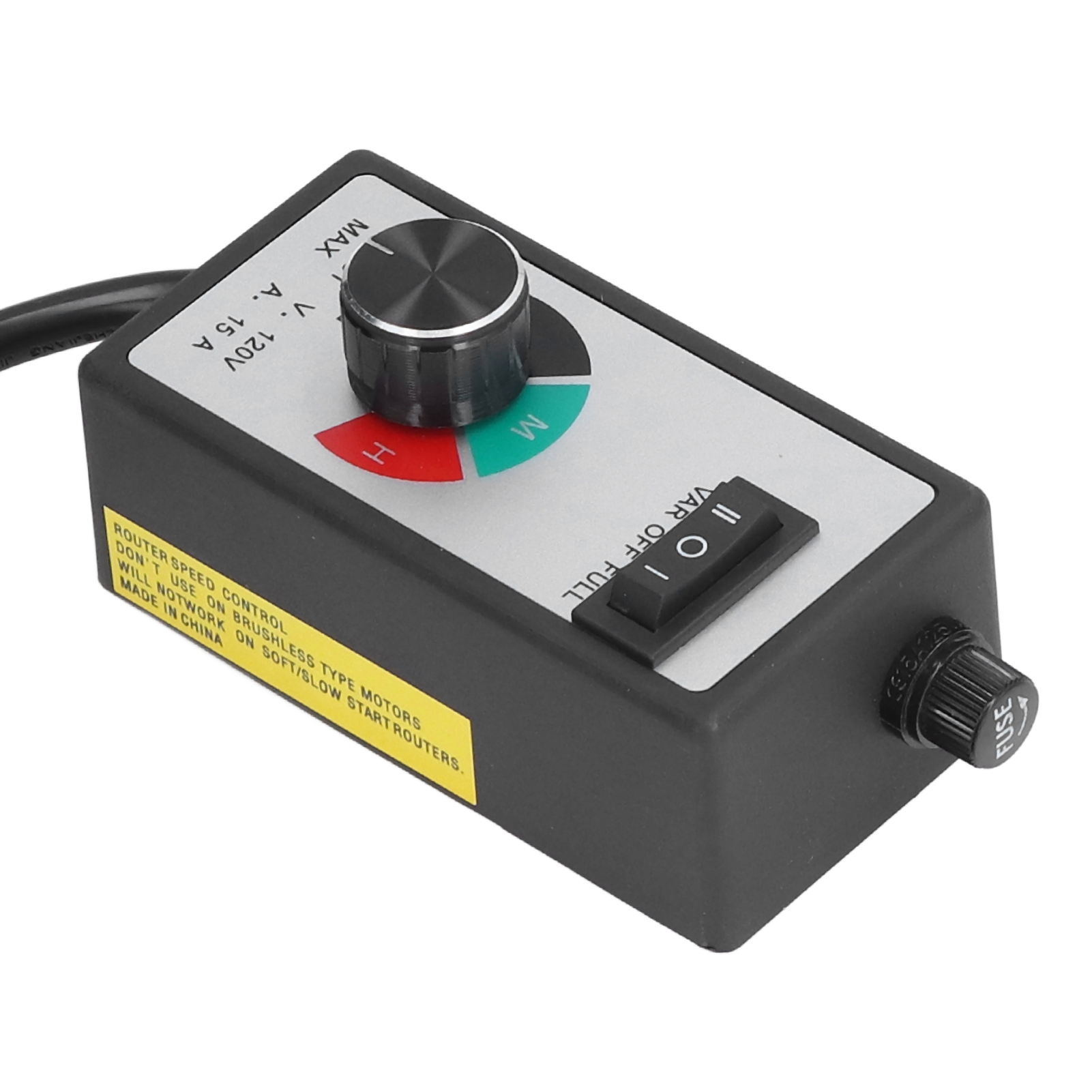 Schwarzes Router-Geschwindigkeitssteuerungsgerät. Hat Knopf, Schalter und Sicherungsanschluss. Schwarzes Kabel ist angebracht.