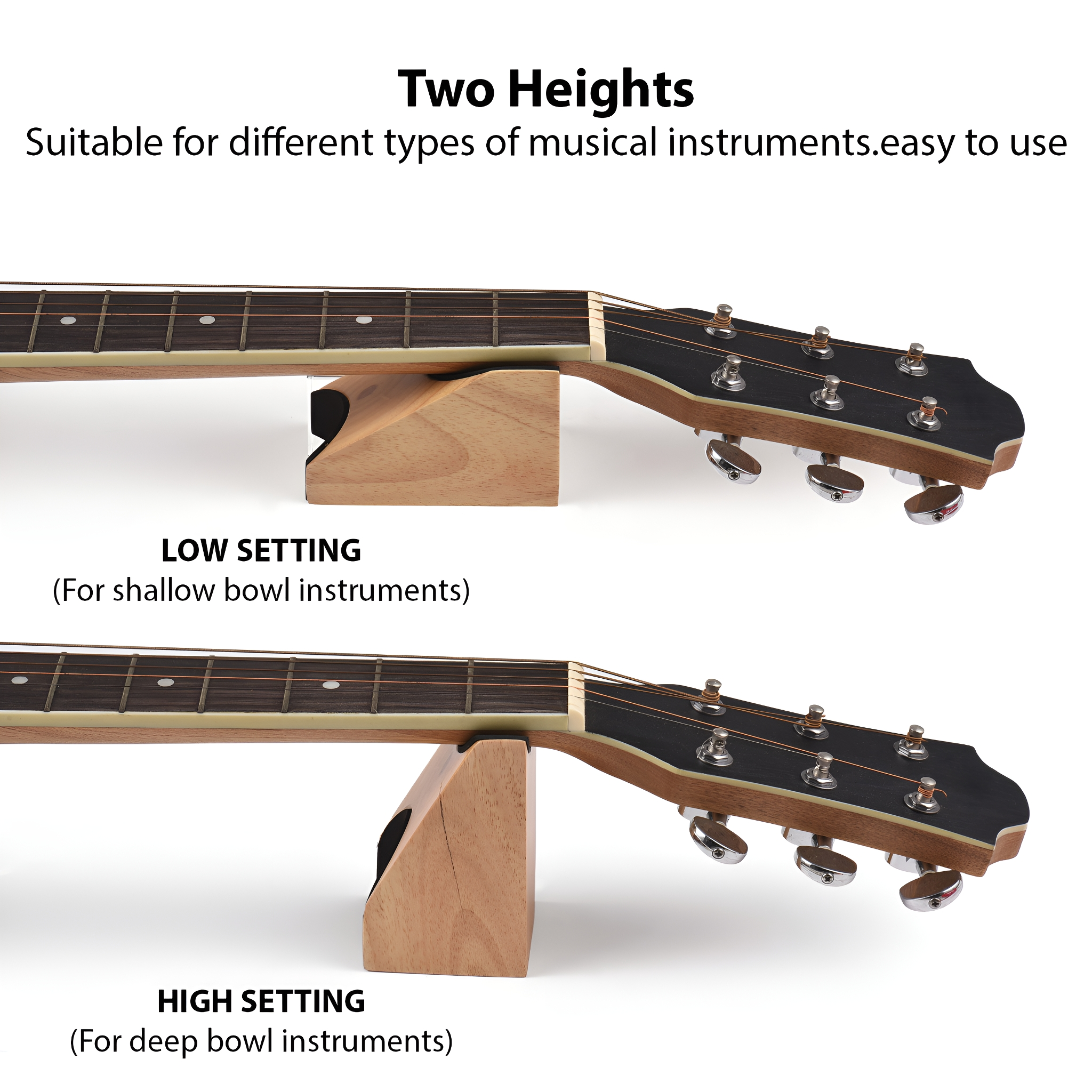 Zwei Gitarrenständer, einer für flache und einer für tiefe Instrumente. Beide aus Holz.
