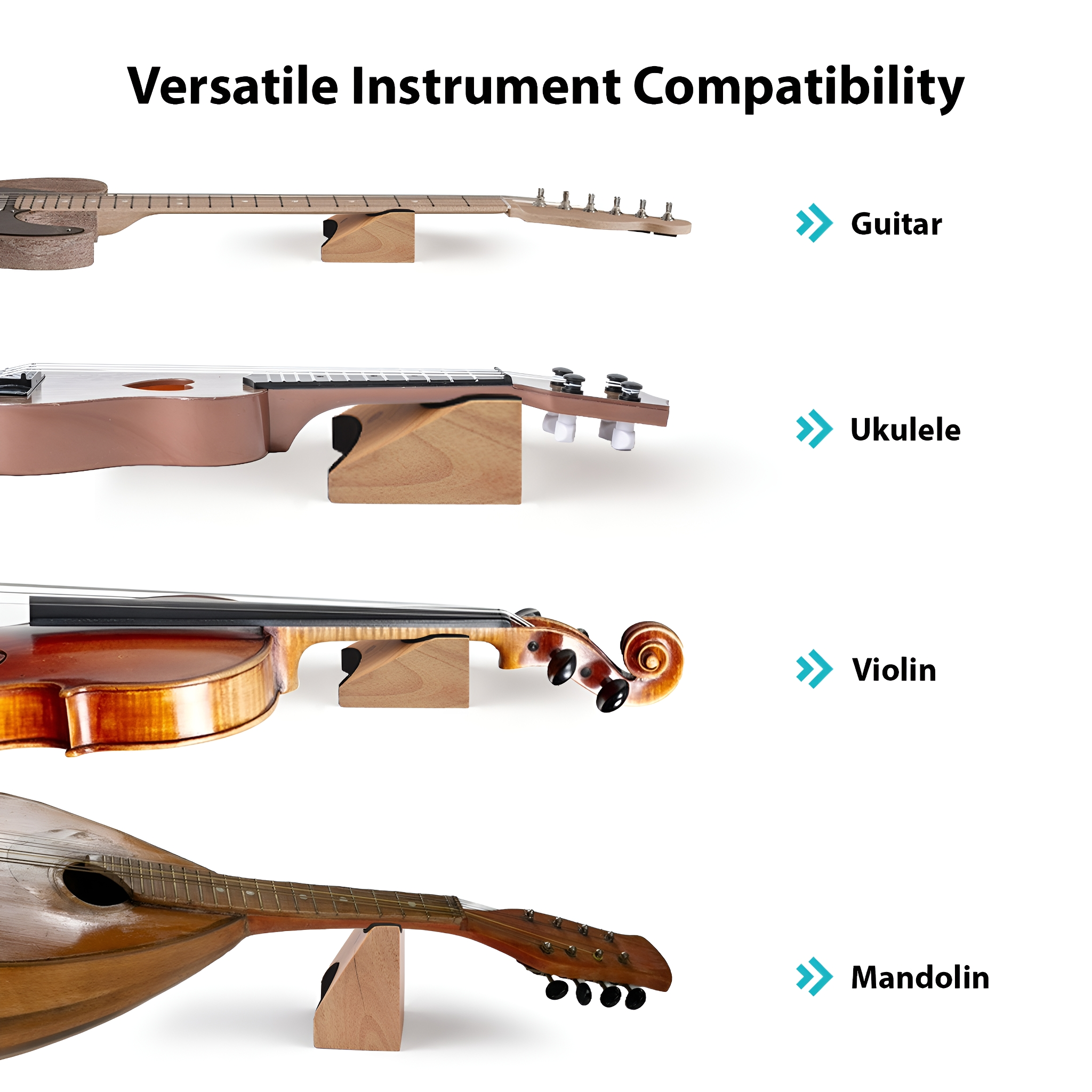 Vier Instrumente auf Holzständern: Gitarre, Ukulele, Geige, Mandoline. Text beschriftet jedes Instrument.