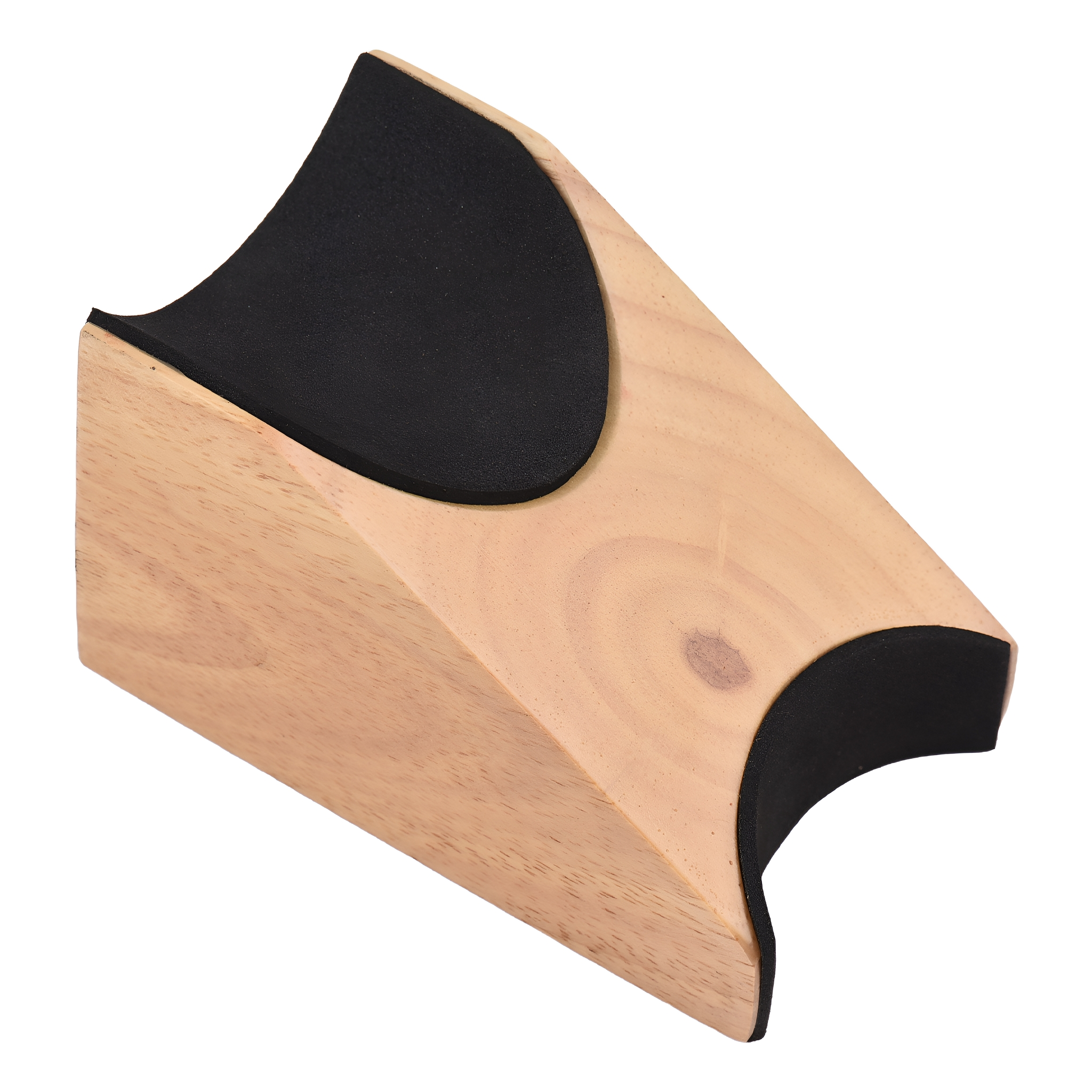 Halsstütze für Gitarre aus Holz mit schwarzer Polsterung, schräges Design, isoliert auf weißem Hintergrund.