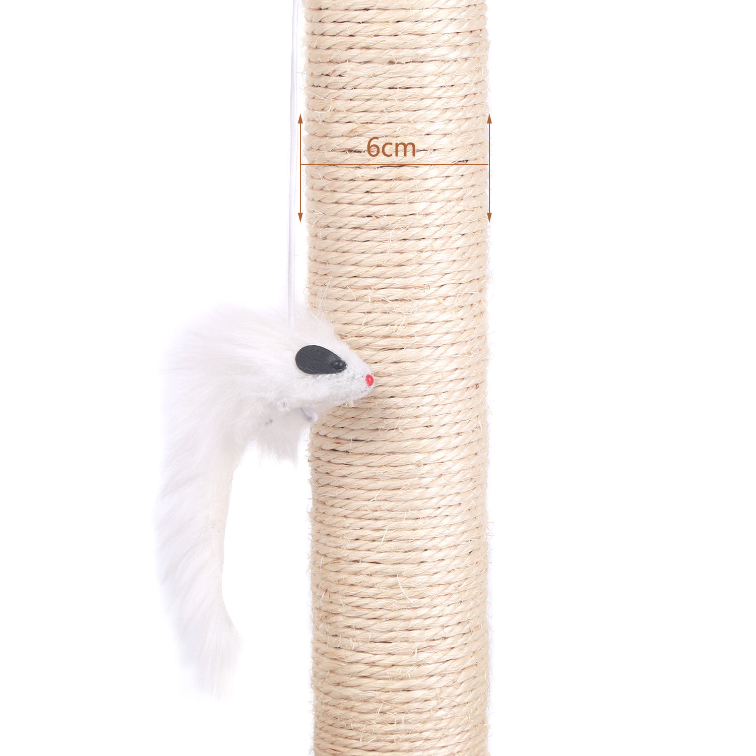 Un rascador para gatos con un juguete de ratón blanco colgante. El poste es de cuerda.