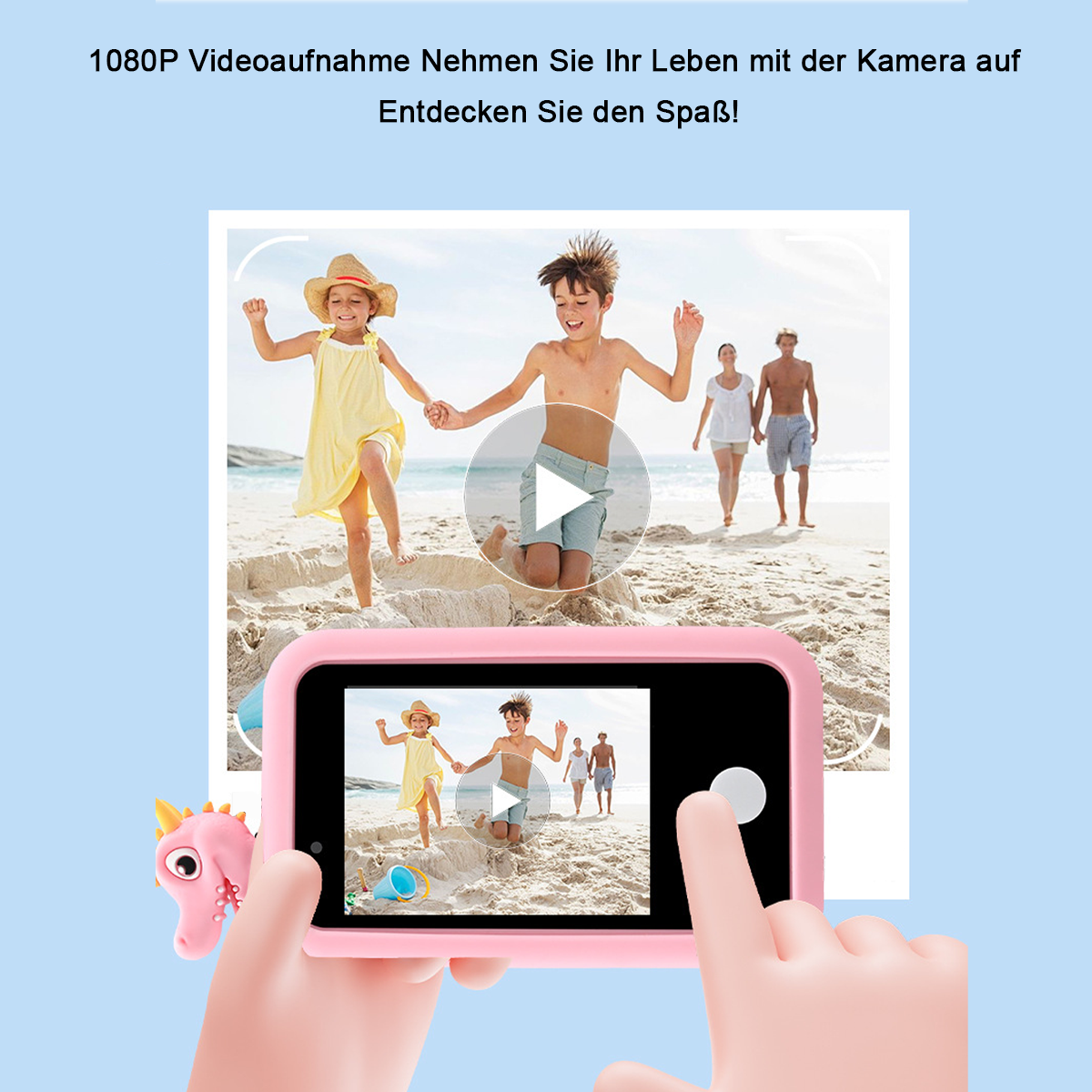 Una videocamera rosa per bambini con una scena di spiaggia sullo schermo, con mani che la tengono.