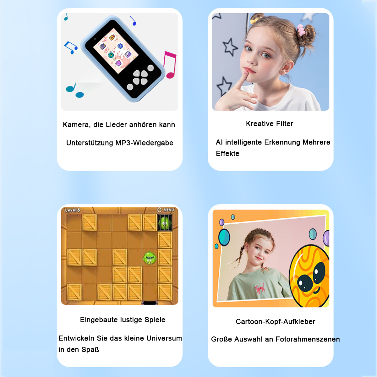 Quattro immagini che mostrano diverse funzionalità di un'app per bambini, tra cui musica, filtri e giochi. Sfondo bianco.