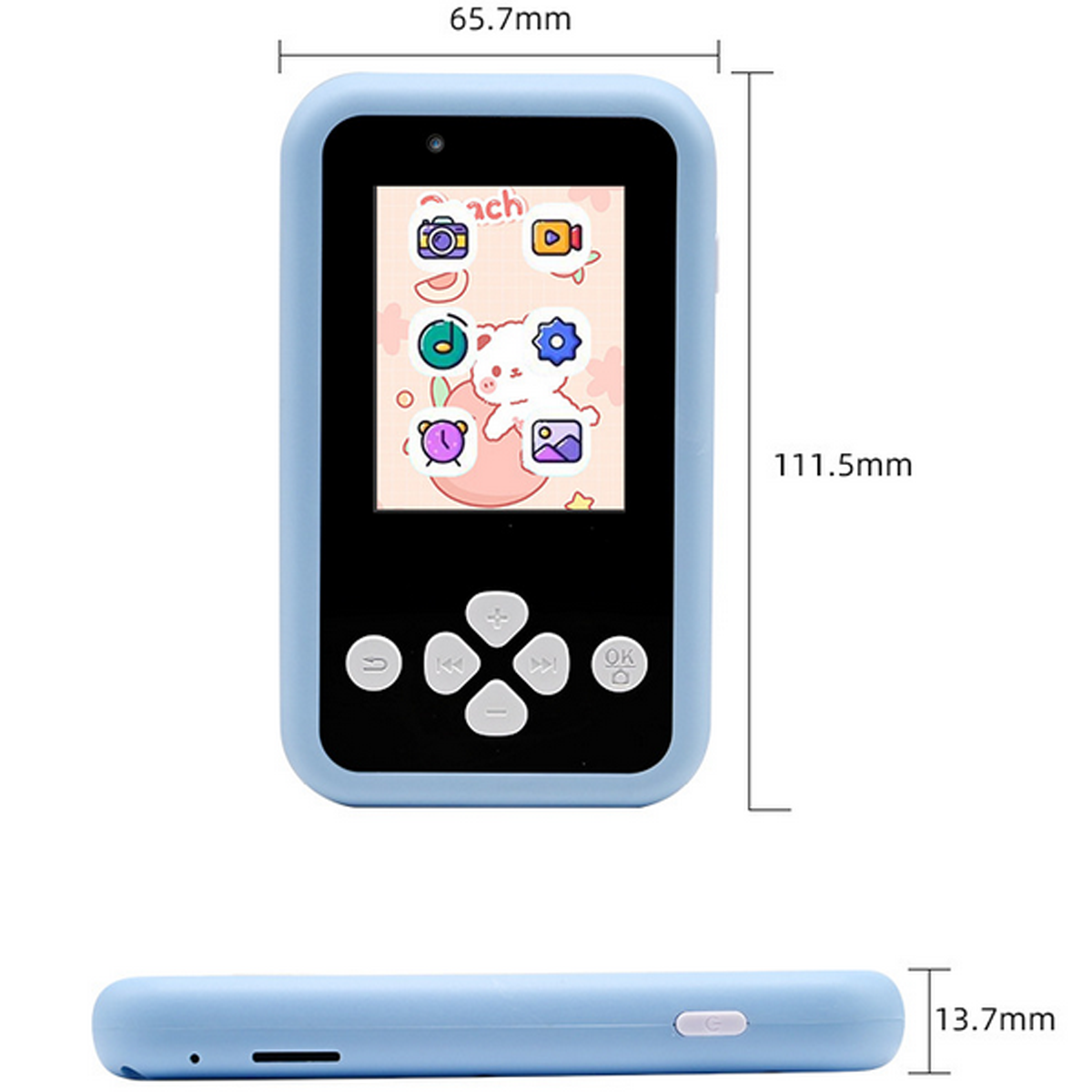 Dispositivo portatile blu con schermo che mostra icone e dimensioni etichettate.