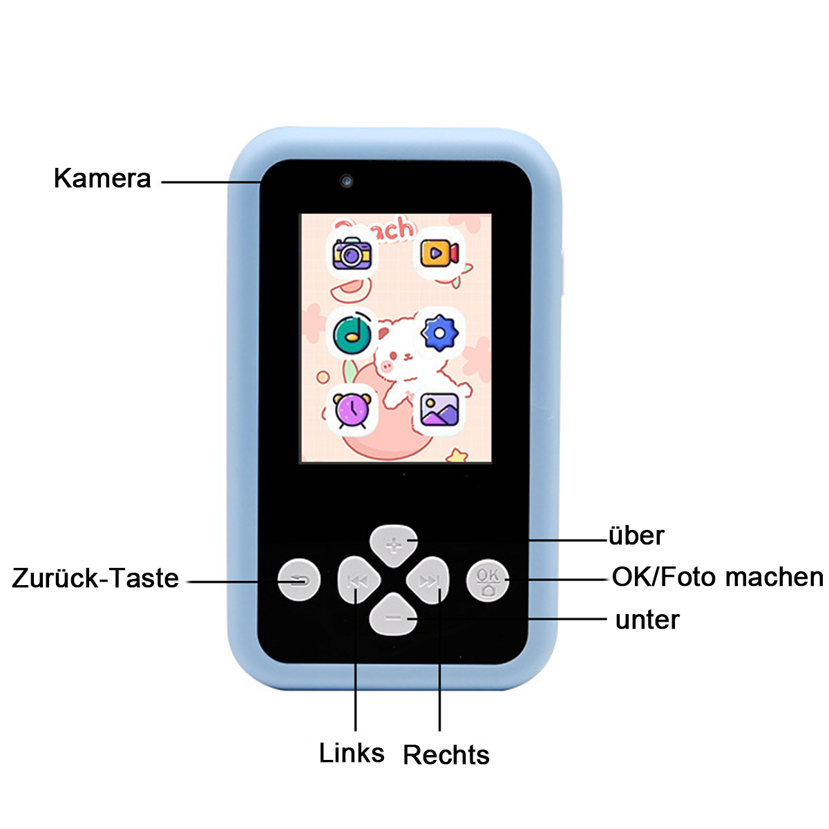 Fotocamera blu per bambini con schermo e pulsanti, con etichette in tedesco.