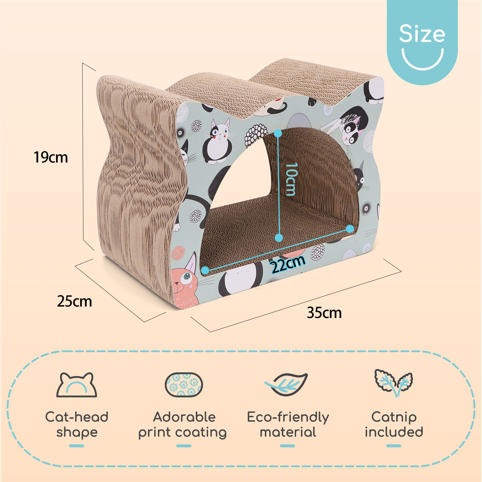 Rascador para gatos en forma de cabeza de gato con medidas. Hierba gatera incluida. Características: forma de cabeza de gato, recubrimiento impreso, ecológico.