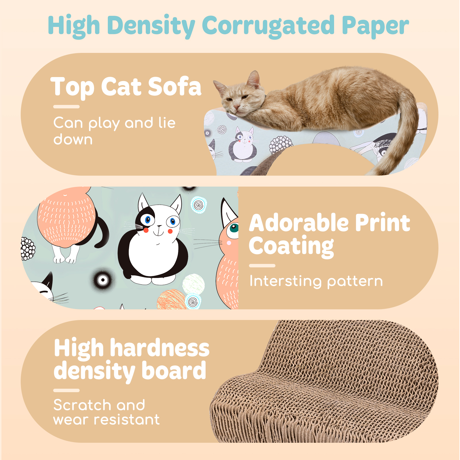 Un gato tumbado en un sofá para gatos, con texto que explica las características y un rascador de cartón.
