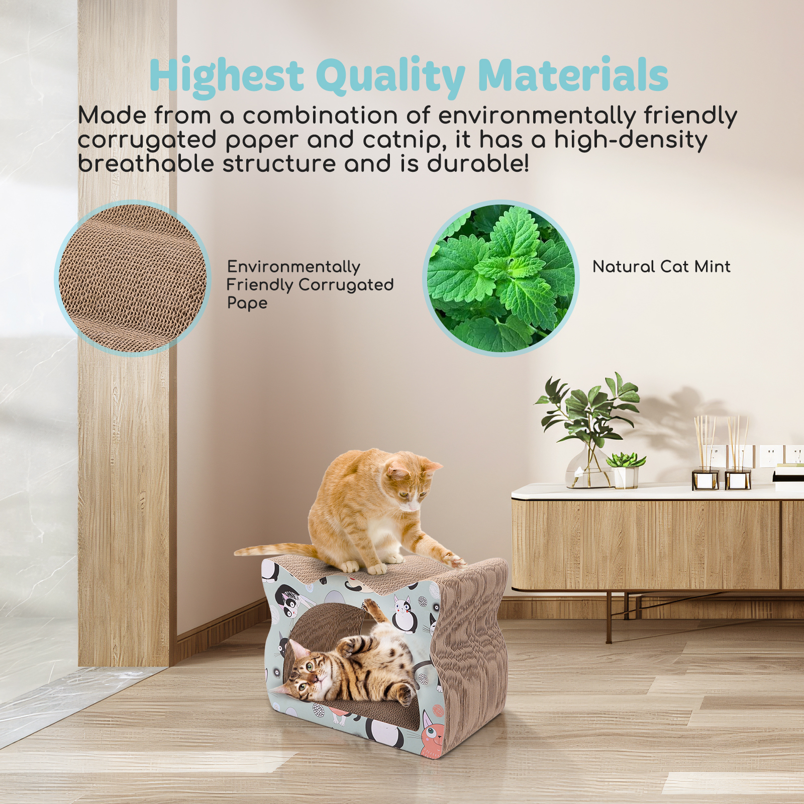 Dos gatos en una casa para gatos con una superficie para rascar. Se muestra menta gatera natural y cartón corrugado.