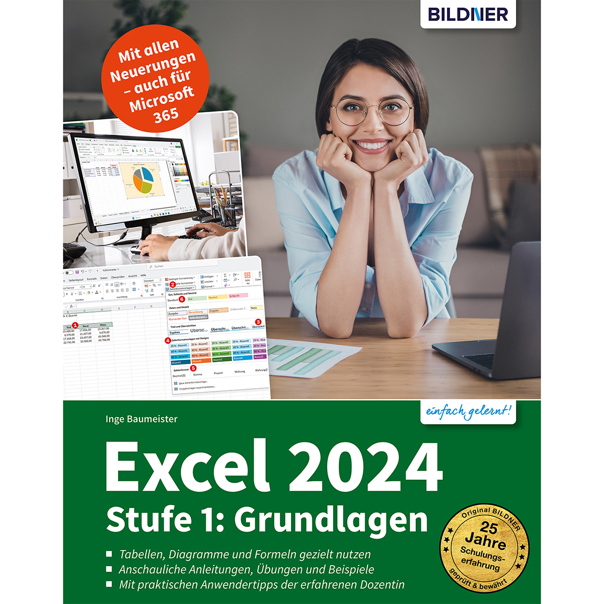 Lächelnde Frau, die ein Buch hält und in die Kamera schaut. Excel 2024 Buchcover sichtbar, mit Laptop.