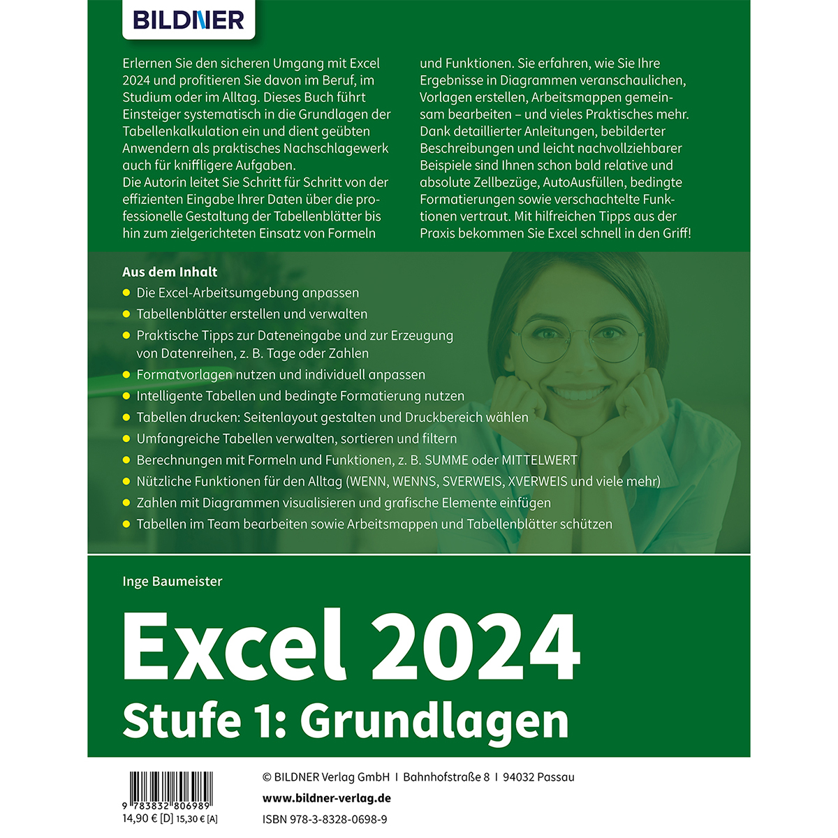 Buchcover: Excel 2024, mit einer Frau mit Brille. Text auf Deutsch, mit beschriebenen Excel-Tipps und -Funktionen.