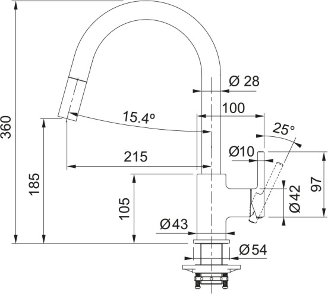 Disegno tecnico di un rubinetto con dimensioni, angoli e misure indicate.