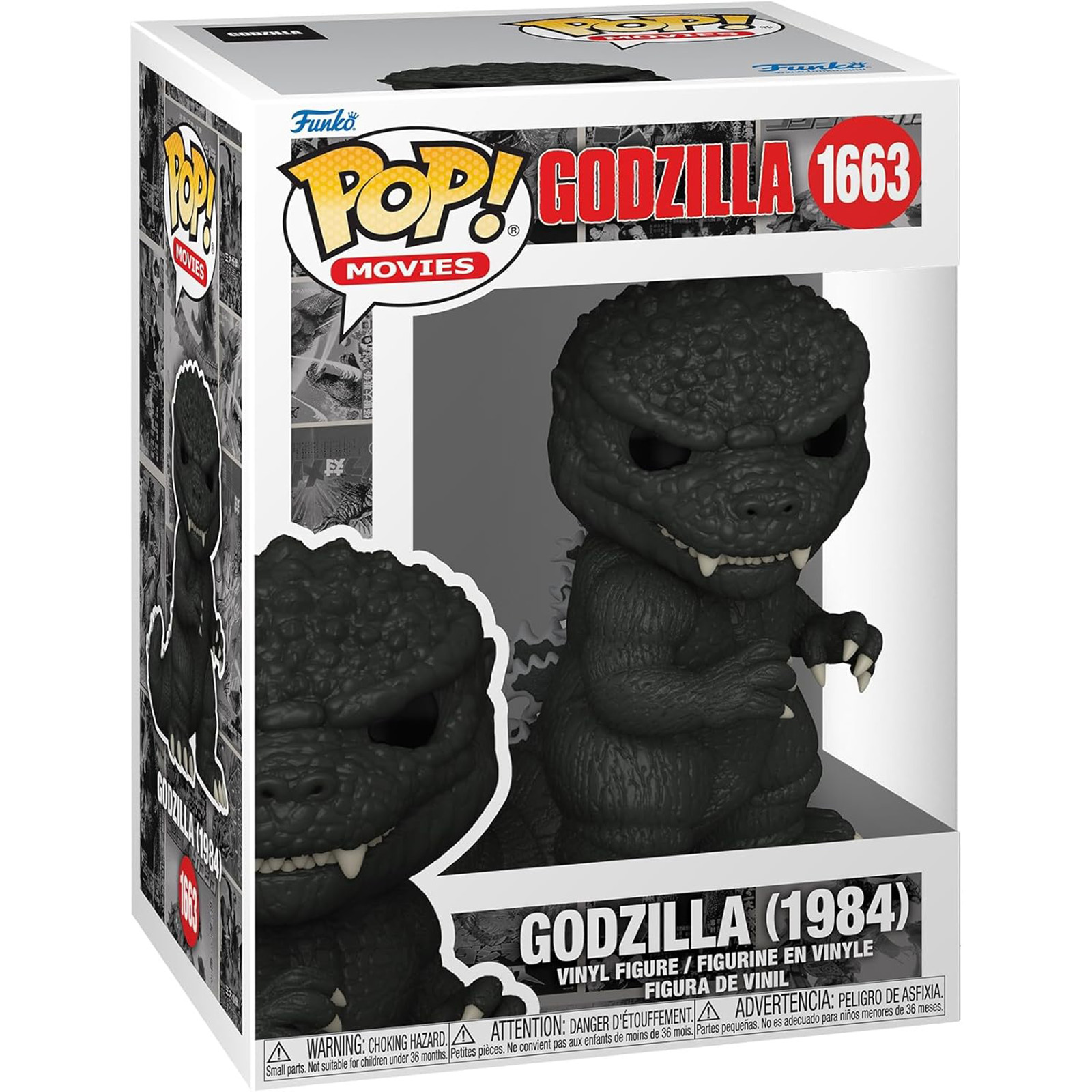 Figurka Funko Pop Godzilla (1984) w pudełku. Czarno-białe tło ze zdjęciami.